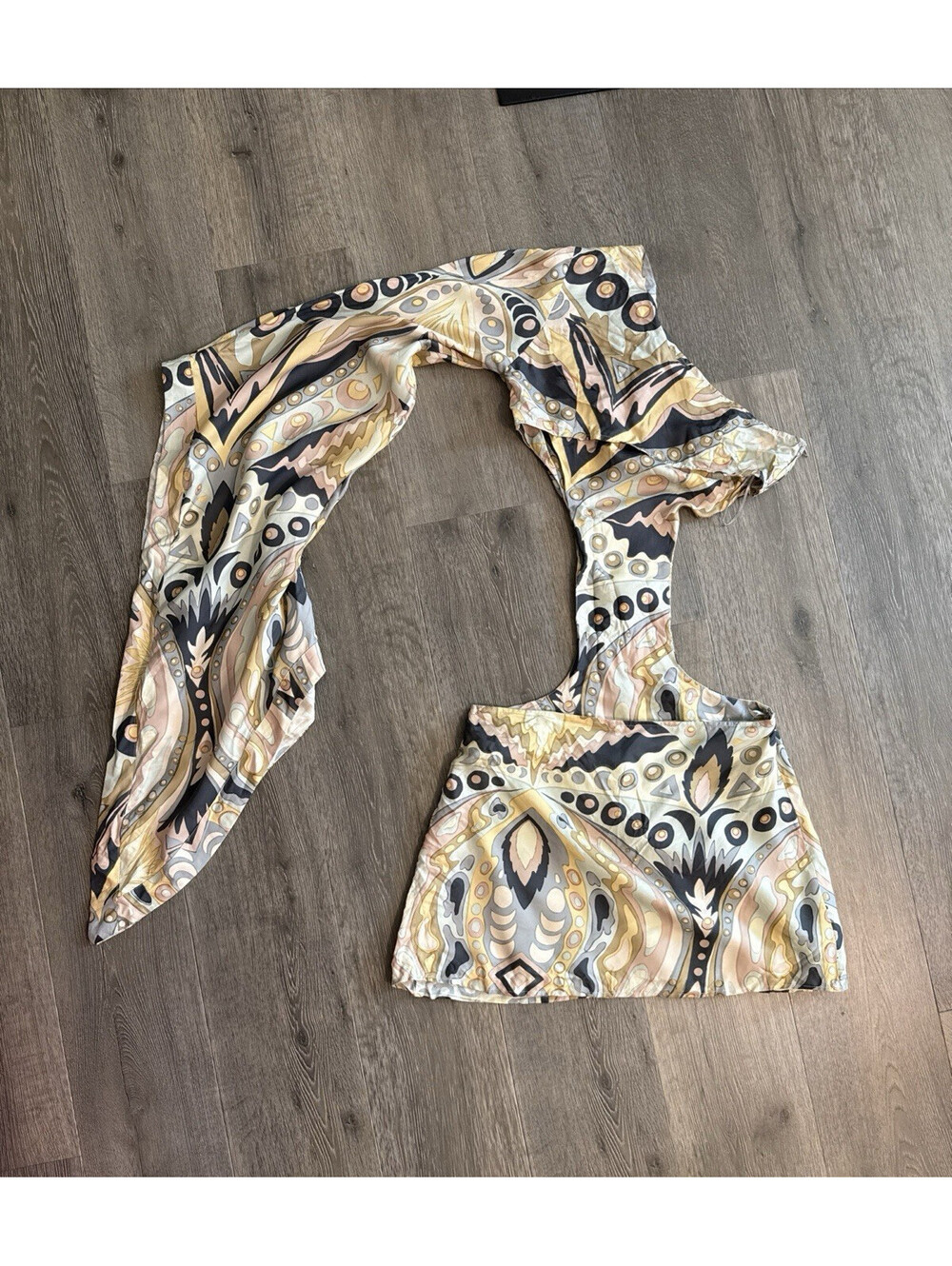 CULT GAIA Lucy One Sleeve Asymmetric Silk Blend Cutout 70's Print Mini Dress- M - Picture 7 of 11